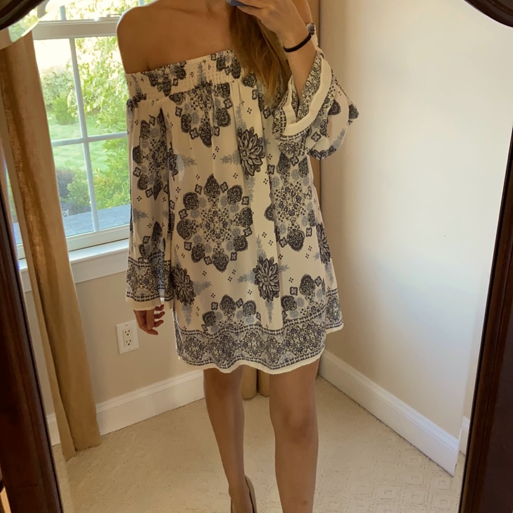 White with blue floral pattern off the shoulder dress